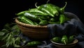 Realist still life of green italian peppers in a basket