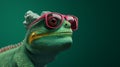 Realistic 3D chameleon sporting trendy sunglasses.