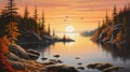 Realistic Acrylic Painting Of Autumn Sunset On A Lake