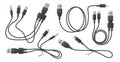 Realistic adapter cables. Black flexible wires with usb different types connectors, curved electronic chargers adapters
