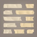 Realistic adhesive tape set. Sticky scotch, duct paper strips on brown background. Vector illustration. Royalty Free Stock Photo