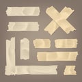 Realistic adhesive tape set. Sticky scotch, duct paper strips on brown background. Vector illustration. Royalty Free Stock Photo