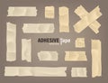 Realistic adhesive tape set. Sticky scotch, duct paper strips on brown background. Vector illustration. Royalty Free Stock Photo