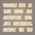 Realistic adhesive tape set. Sticky scotch, duct paper strips on brown background. Vector illustration. Royalty Free Stock Photo