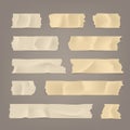 Realistic adhesive tape set. Sticky scotch, duct paper strips on brown background. Vector illustration. Royalty Free Stock Photo