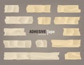 Realistic adhesive tape set. Sticky scotch, duct paper strips on brown background. Vector illustration. Royalty Free Stock Photo