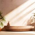 Bright Beige Room Interior Mockup with Palm Leaves Plant, Ceramic Table, and Vase with Sunlight and Shadows on the Wall