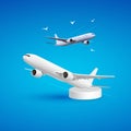 Realistic aircraft. Passenger plane, sky flying aeroplane and airplane. 3d planes transport or landing airliner aerial Royalty Free Stock Photo