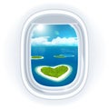 Realistic aircraft porthole (window) with blue sea or ocean in it and small tropical islands.