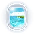 Realistic Aircraft Porthole (window) With Bright Sea Or Ocean In It And Tropical Island.