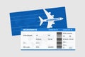 Realistic airline ticket boarding pass design template with passenger name and barcode. Air travel by airplane blue Royalty Free Stock Photo