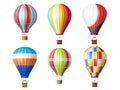 Realistic airship. 3d isolated hot air balloons with baskets, multicolor sky transport, inflatable fly aerial objects Royalty Free Stock Photo