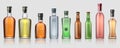 Realistic alcohol bottles. Transparent glass containers for whiskey, tequila, vermouth and other alcoholic beverages Royalty Free Stock Photo