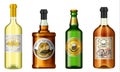 Realistic alcohol drinks in a bottle with different vintage labels. Wine whiskey beer rum. Vector illustration.