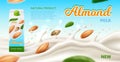 Realistic almond milk. Organic milkshake. Nuts beverage advertising banner. White splashes and liquid waves. Brand
