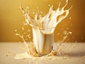 Realistic almond Milk splash in a glass isolated on yellow background. Glass of gollden milk or moon milk with splash and drops on