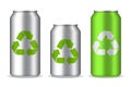 Realistic aluminium cans mockup with recycle icon. 3d silver and green bottle template on isolated background. Soda, beer pack