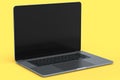 Realistic aluminum laptop with empty white screen isolated on yellow background. Royalty Free Stock Photo