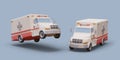 Realistic ambulance. Vehicles in different positions. Car drives slowly, flies at high speed