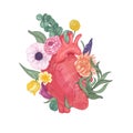 Realistic anatomical heart overgrown by blooming flowers and plants hand drawn on white background. Colorful vector