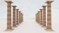 Realistic ancient antique columns. 3D rendering. Image with perspective. Against the background of the sky. Product