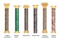 Realistic ancient pillars set isolated on white background. Different architecture pillars with stone effect. Classical columns