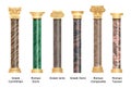 Realistic ancient pillars set isolated on white background. Different architecture pillars with stone effect. Classical columns