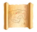 Realistic ancient pirate map of island on old scroll with red path to treasure Royalty Free Stock Photo