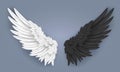 Realistic angel and demon wings. White dove wing with angelic nimbus, devil horns with pair of black wings and falling Royalty Free Stock Photo
