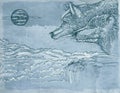 Realistic animal ,two wolves howling at the moon Royalty Free Stock Photo