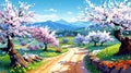 realistic anime style of a freedom peaceful place with cherry trees, ai generated image