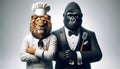 A realistic anthropomorphic gorilla in a tuxedo and a lion character dressed as a chef, AI generated