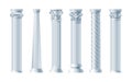 Realistic antique pillars set. Antique column, classic pillar. Ancient ornate pillars historic roman greek architecture facades Royalty Free Stock Photo