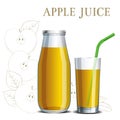 Realistic apple juice in a jar and a glass with a straw