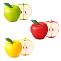 Realistic apples vector set. Whole and sliced red, green and yellow. Royalty Free Stock Photo