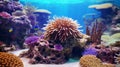 Realistic Aquarium Scenery: Close-up Of Vibrant Anemone In Dark Pink And Sky-blue Royalty Free Stock Photo