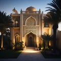 Realistic Arab style villa with realistic professional faade lighting is the subject Generative AI