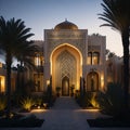 Realistic Arab style villa with realistic professional faade lighting is the subject Generative AI