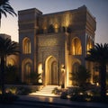 Realistic Arab style villa with realistic professional faade lighting is the subject Generative AI