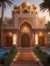 Realistic Arab style villa with realistic professional faade lighting is the subject Generative AI