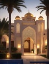 Realistic Arab style villa with realistic professional faade lighting is the subject Generative AI