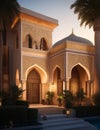 Realistic Arab style villa with realistic professional faade lighting is the subject Generative AI