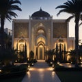 Realistic Arab style villa with realistic professional faade lighting is the subject Generative AI