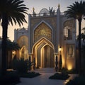 Realistic Arab style villa with realistic professional faade lighting is the subject Generative AI