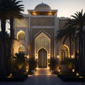 Realistic Arab style villa with realistic professional faade lighting is the subject Generative AI