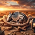 Realistic armadillo sculpture in desert setting Royalty Free Stock Photo