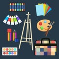 Realistic art supplies, set art materials. Easel, pastel, paint in tubes, watercolor, palette and brush, spray paint in Royalty Free Stock Photo