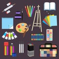 Realistic art supplies, set art materials. Professional art marker, colored pencil, sketchbook, palette and brush, easel