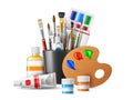 Realistic art tools composition. Painting supplies, creative materials composition, wooden palette, different brushes Royalty Free Stock Photo