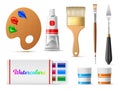 Realistic artist tools. Painting supplies, palette with paint strokes and brushes, knife, art equipments, watercolor and